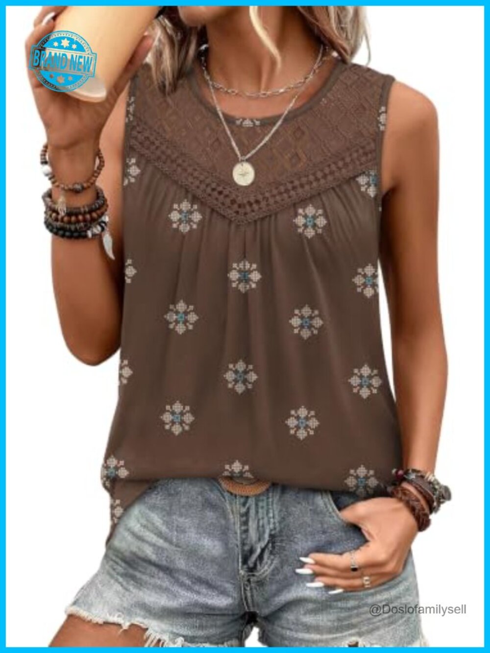 Lace Crochet Boho Tank Top Pleated Loose Fit Summer Vacation